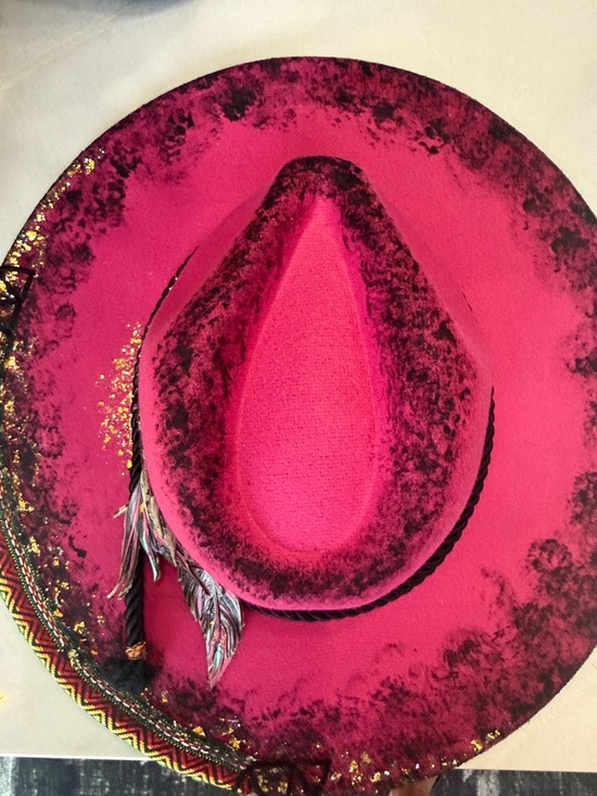 One of a kind Fuchsia Felt Cowboy Hat with Black Trim gold flake leather feather main image 7